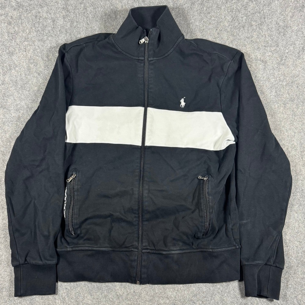 Polo Ralph Lauren Jacket Mens L Black White Colorblock Zip Up Mock Neck Faded